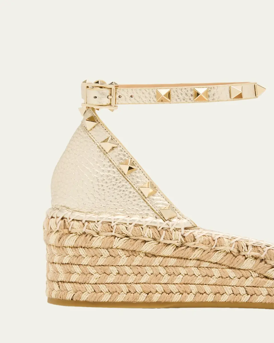 Valentino Garavani 55mm Rockstud Metallic Leather Wedge Espadrille Sandals | Thumbnail 3