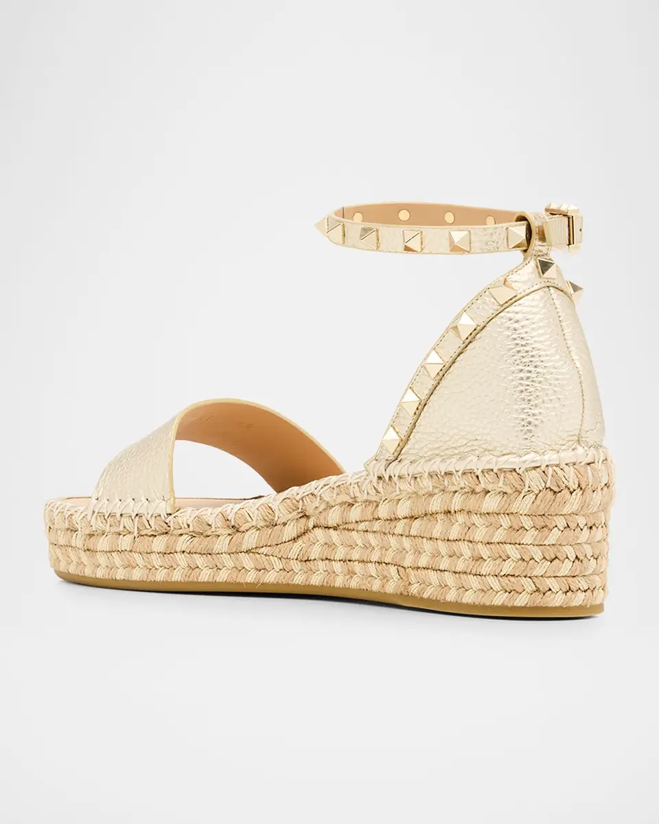 Valentino Garavani 55mm Rockstud Metallic Leather Wedge Espadrille Sandals | Thumbnail 4