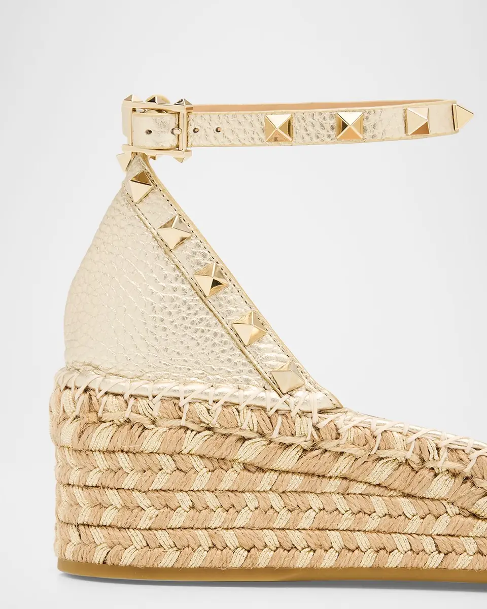 Valentino Garavani 55mm Rockstud Metallic Leather Wedge Espadrille Sandals | Thumbnail 5