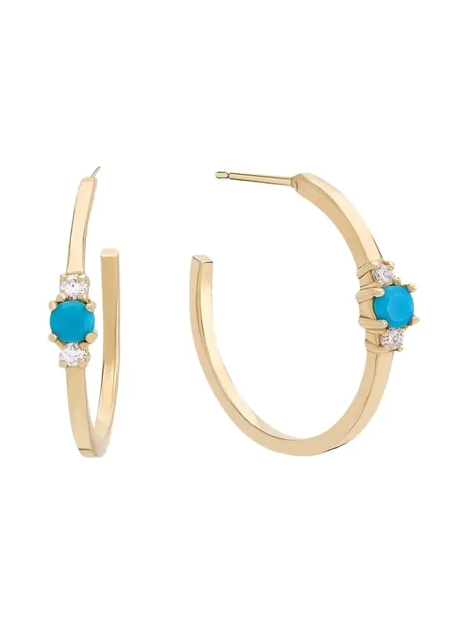 Mini Solo Turquoise and Diamond Cluster Hoop Earrings, 18mm Mini Solo Turquoise and Diamond Cluster Hoop Earrings, 18mm