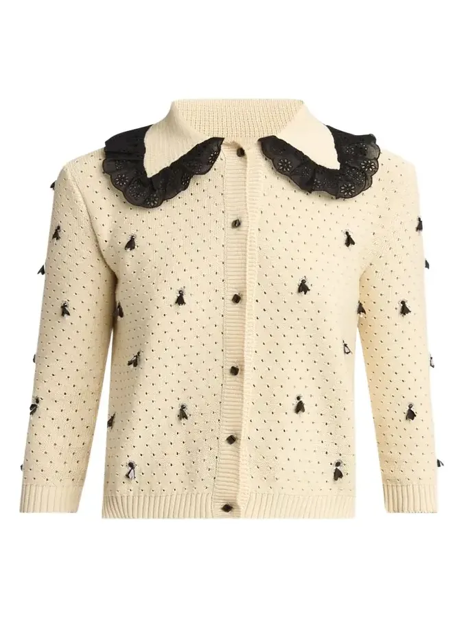 Pointelle Micro Tassel Ruffled Cardigan