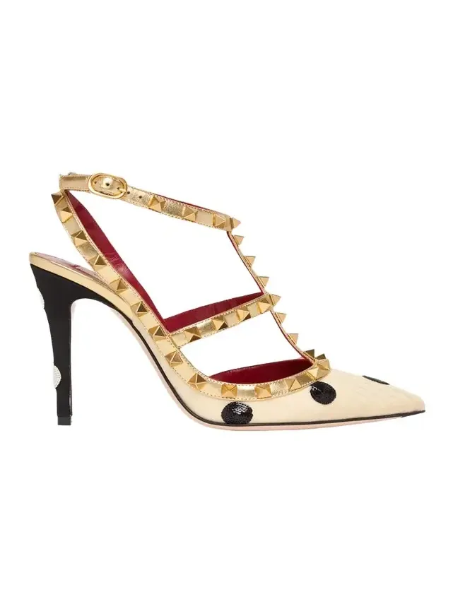 100mm Rockstud Sequined Metallic Leather Caged Pumps