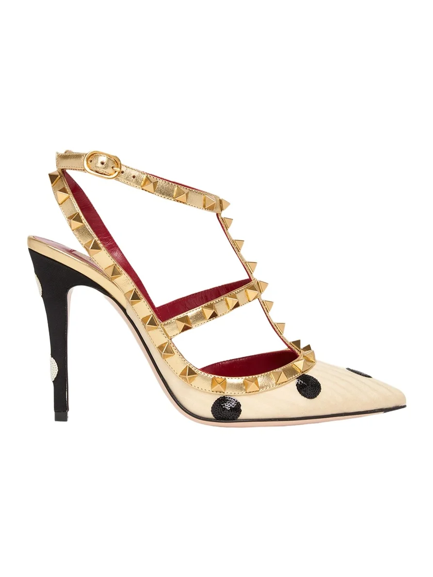 100mm Rockstud Sequined Metallic Leather Caged Pumps