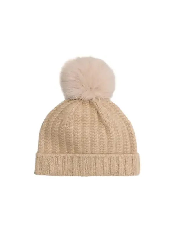 Braided Knit Cashmere Beanie With Faux Fur Pom Braided Knit Cashmere Beanie With Faux Fur Pom