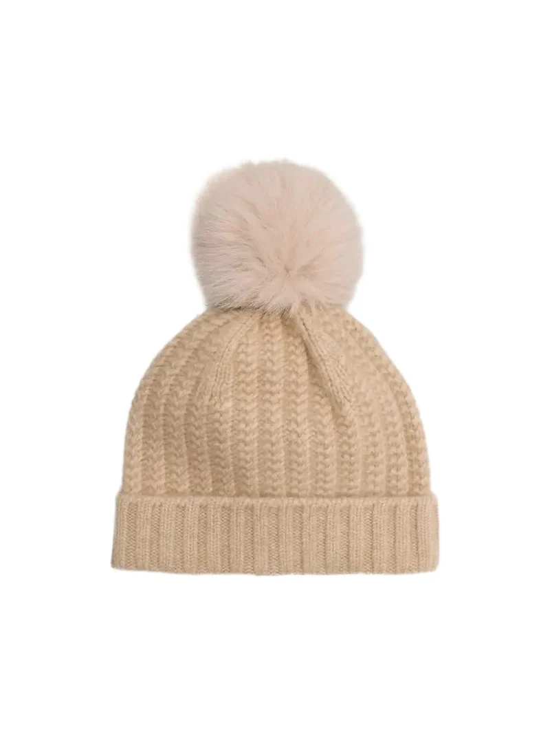 Braided Knit Cashmere Beanie With Faux Fur Pom