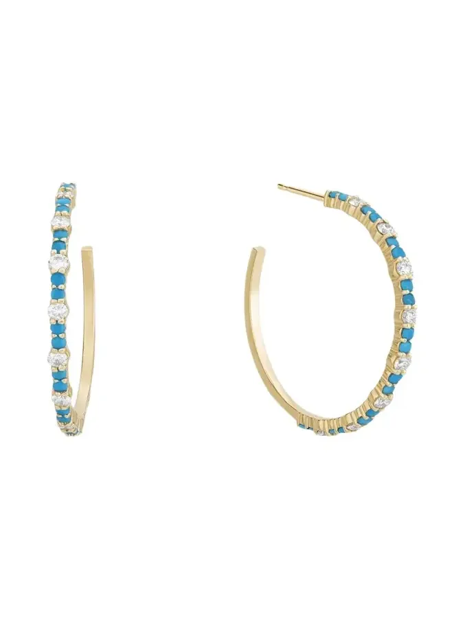 Small Turquoise and Diamond Hoop Earrings, 30mm Small Turquoise and Diamond Hoop Earrings, 30mm