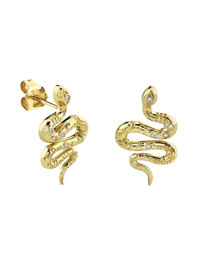 14K Yellow Gold Diamond Snake Stud Earring, Single