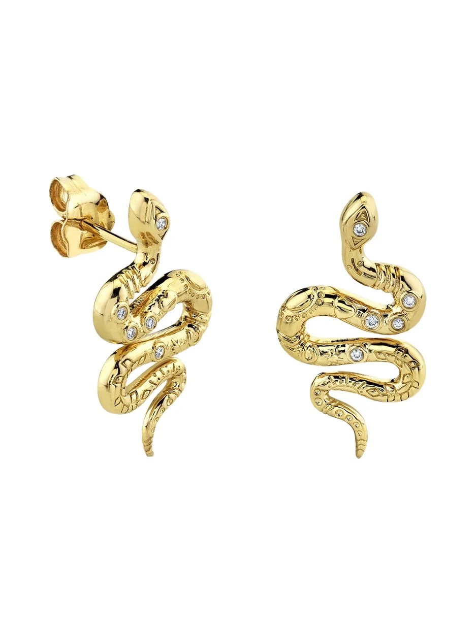 14K Yellow Gold Diamond Snake Stud Earring, Single 14K Yellow Gold Diamond Snake Stud Earring, Single