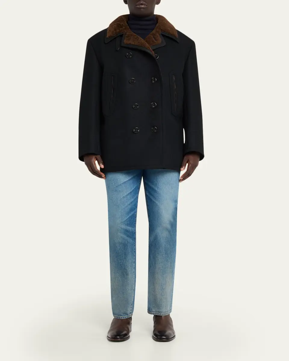 Tom Ford Men's Melton Wool Shearling Double-Breasted Peacoat | Thumbnail 2 Tom Ford Men's Melton Wool Shearling Double-Breasted Peacoat | Thumbnail 2