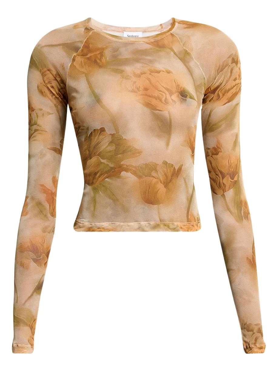 Saint Laurent Floral-Print Mesh Long-Sleeve Top