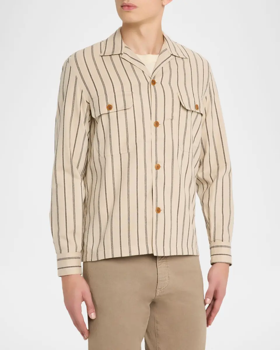 Salvatore Piccolo Men's Cotton Multi-Stripe Dual-Pocket Overshirt | Thumbnail 8 Salvatore Piccolo Men's Cotton Multi-Stripe Dual-Pocket Overshirt | Thumbnail 8