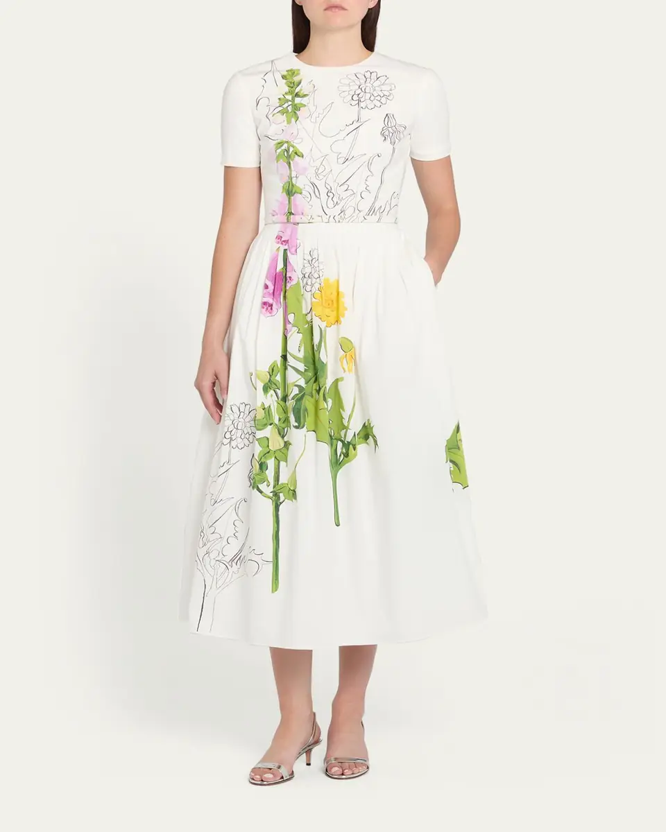 Oscar de la Renta Foxglove Dandelion Poplin Short-Sleeve Midi Dress With Belt | Thumbnail 2 Oscar de la Renta Foxglove Dandelion Poplin Short-Sleeve Midi Dress With Belt | Thumbnail 2