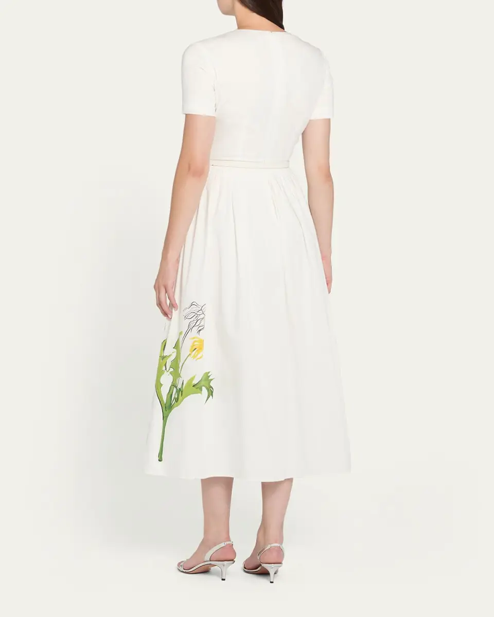 Oscar de la Renta Foxglove Dandelion Poplin Short-Sleeve Midi Dress With Belt | Thumbnail 3 Oscar de la Renta Foxglove Dandelion Poplin Short-Sleeve Midi Dress With Belt | Thumbnail 3
