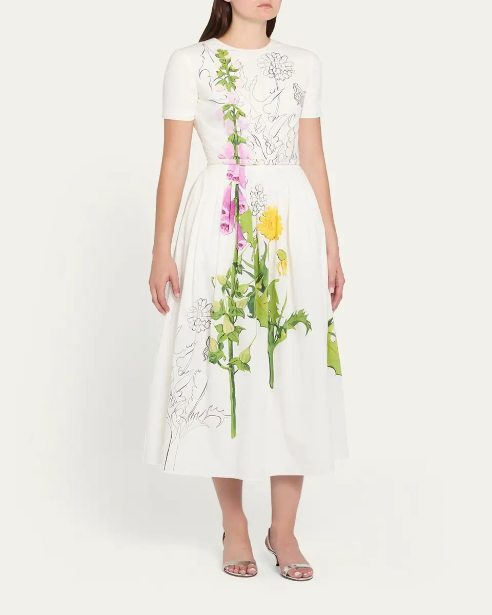 Oscar de la Renta Foxglove Dandelion Poplin Short-Sleeve Midi Dress With Belt | Thumbnail 4 Oscar de la Renta Foxglove Dandelion Poplin Short-Sleeve Midi Dress With Belt | Thumbnail 4