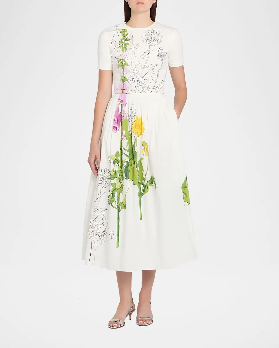 Oscar de la Renta Foxglove Dandelion Poplin Short-Sleeve Midi Dress With Belt | Thumbnail 6 Oscar de la Renta Foxglove Dandelion Poplin Short-Sleeve Midi Dress With Belt | Thumbnail 6