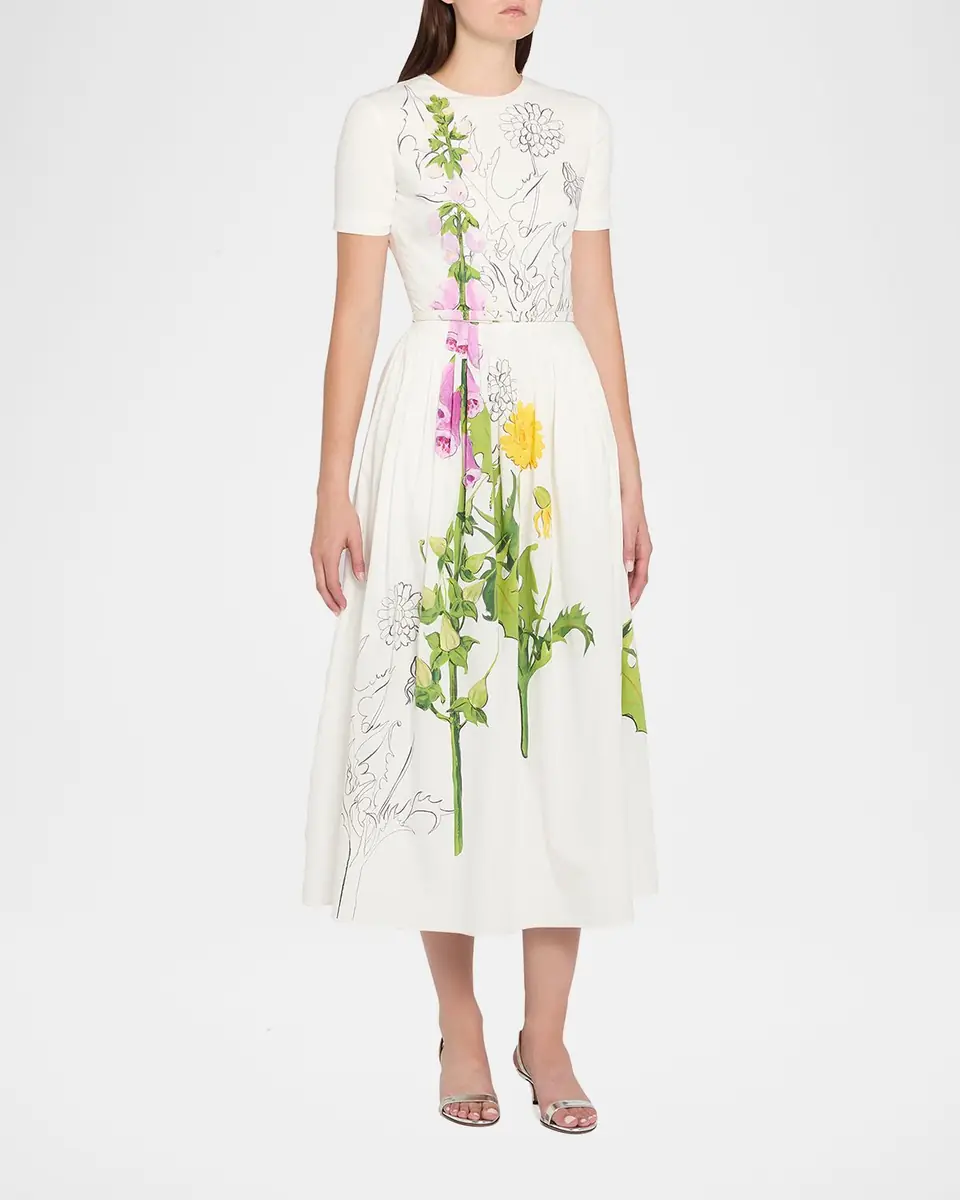 Oscar de la Renta Foxglove Dandelion Poplin Short-Sleeve Midi Dress With Belt | Thumbnail 8 Oscar de la Renta Foxglove Dandelion Poplin Short-Sleeve Midi Dress With Belt | Thumbnail 8