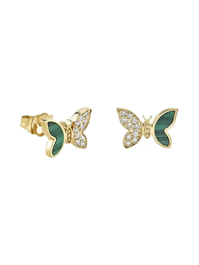 14K Yellow Gold Diamond and Malachite Butterfly Earring, Single