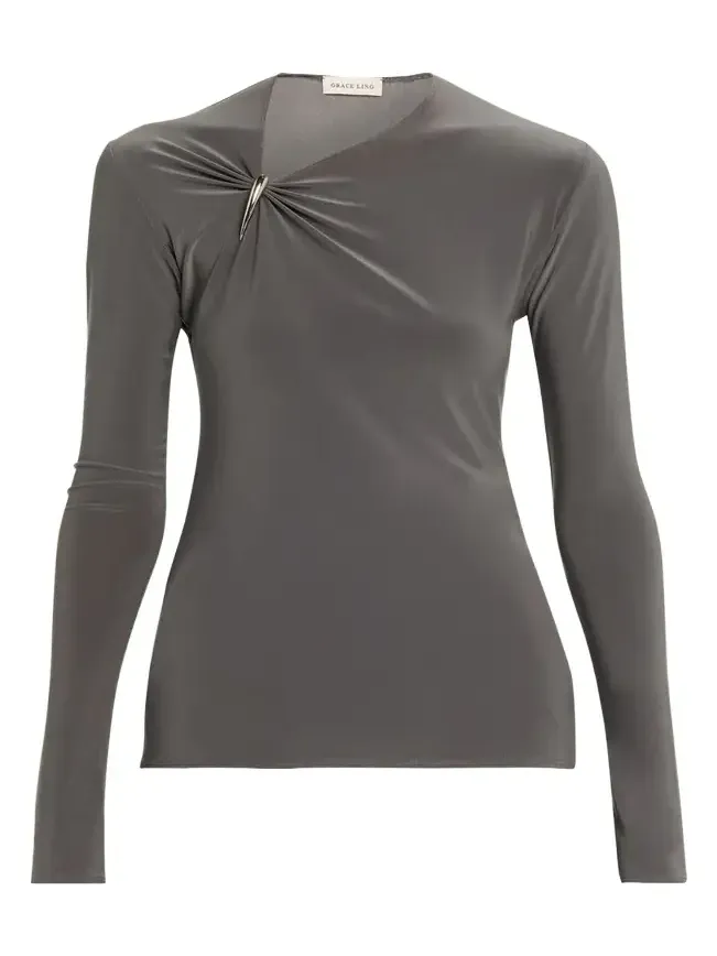 Claw Gathered Neck Long-Sleeve Top