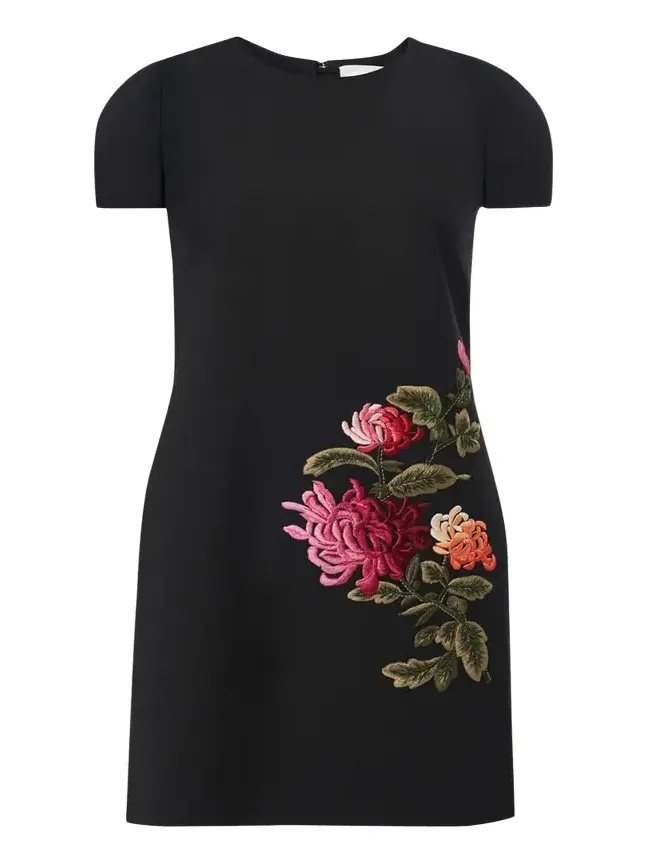 Floral Embroidered Wool Mini Shift Dress