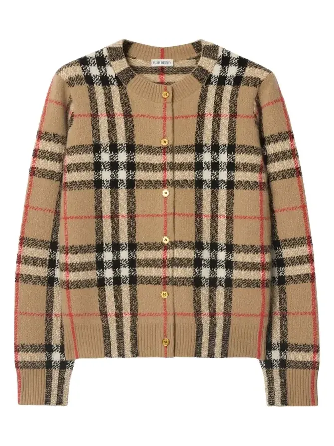 Clara Check Cashmere Crewneck Cardigan Clara Check Cashmere Crewneck Cardigan
