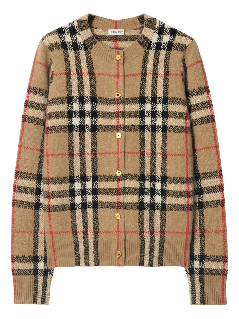 Clara Check Cashmere Crewneck Cardigan