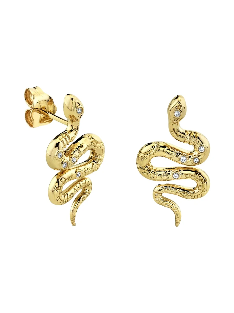 14K Yellow Gold Diamond Snake Stud Earring, Single 14K Yellow Gold Diamond Snake Stud Earring, Single