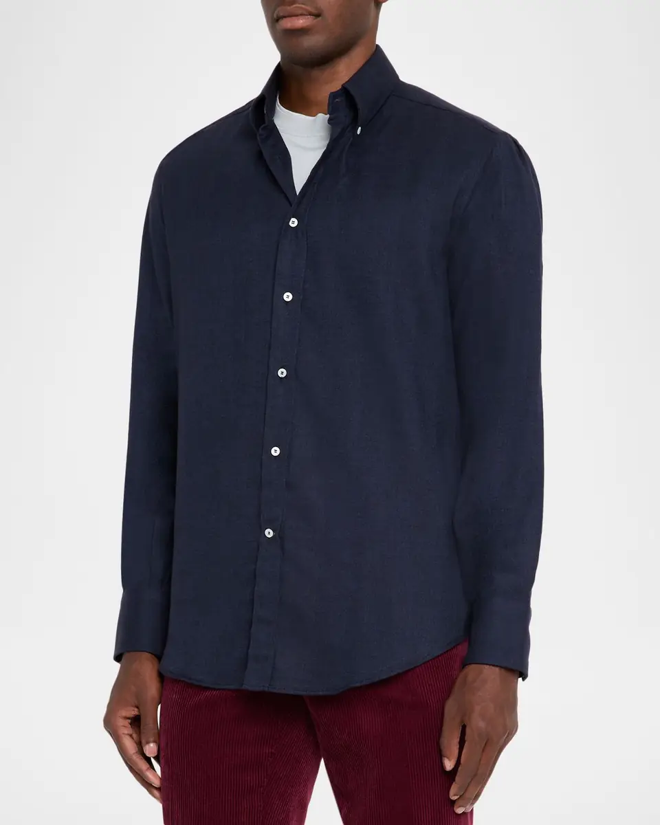 Brunello Cucinelli Men's Micro-Chevron Button-Collar Sport Shirt | Thumbnail 3 Brunello Cucinelli Men's Micro-Chevron Button-Collar Sport Shirt | Thumbnail 3