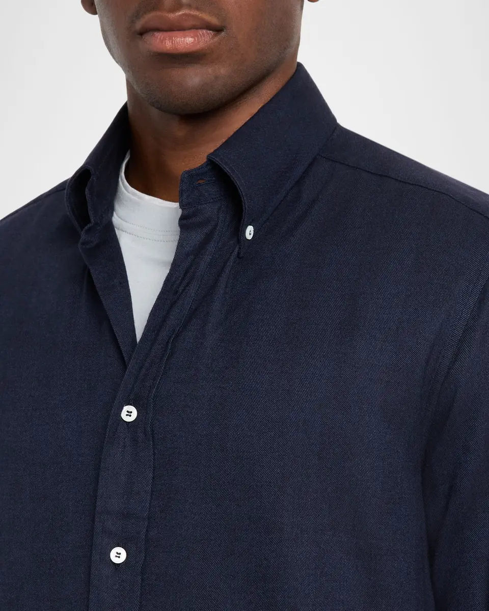 Brunello Cucinelli Men's Micro-Chevron Button-Collar Sport Shirt | Thumbnail 4 Brunello Cucinelli Men's Micro-Chevron Button-Collar Sport Shirt | Thumbnail 4