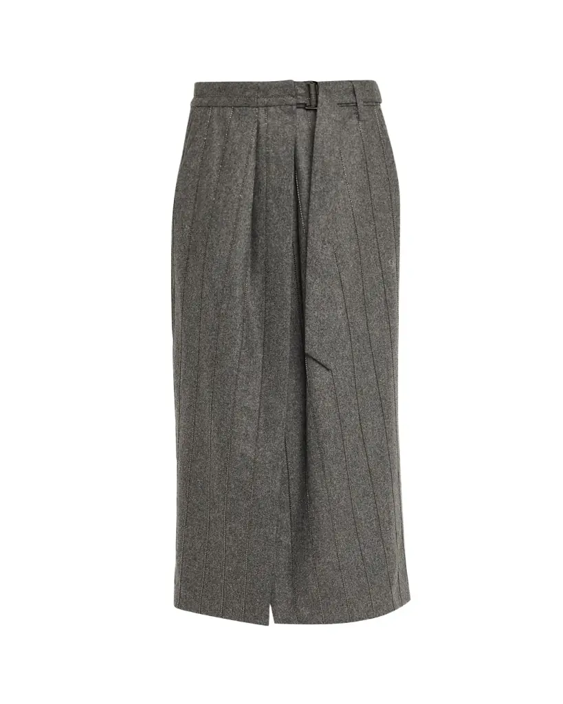 Brunello Cucinelli Monili Pinstripe Wool Flannel Wrap Midi Skirt | Image 1 Brunello Cucinelli Monili Pinstripe Wool Flannel Wrap Midi Skirt | Image 1