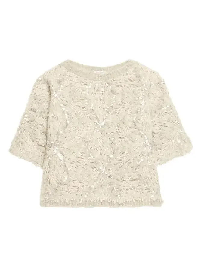 Pailette Mohair-Wool Short-Sleeve Sweater