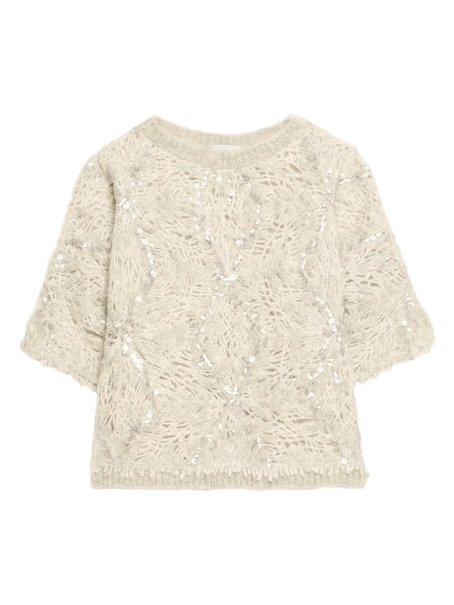 Pailette Mohair-Wool Short-Sleeve Sweater