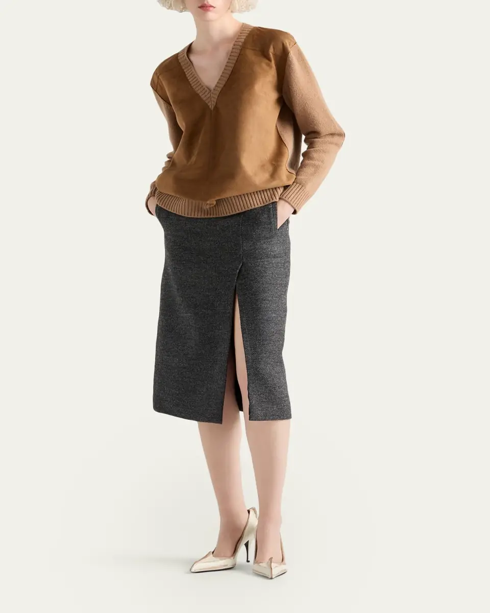 Prada Suede-Front V-Neck Cashmere Sweater | Thumbnail 2 Prada Suede-Front V-Neck Cashmere Sweater | Thumbnail 2