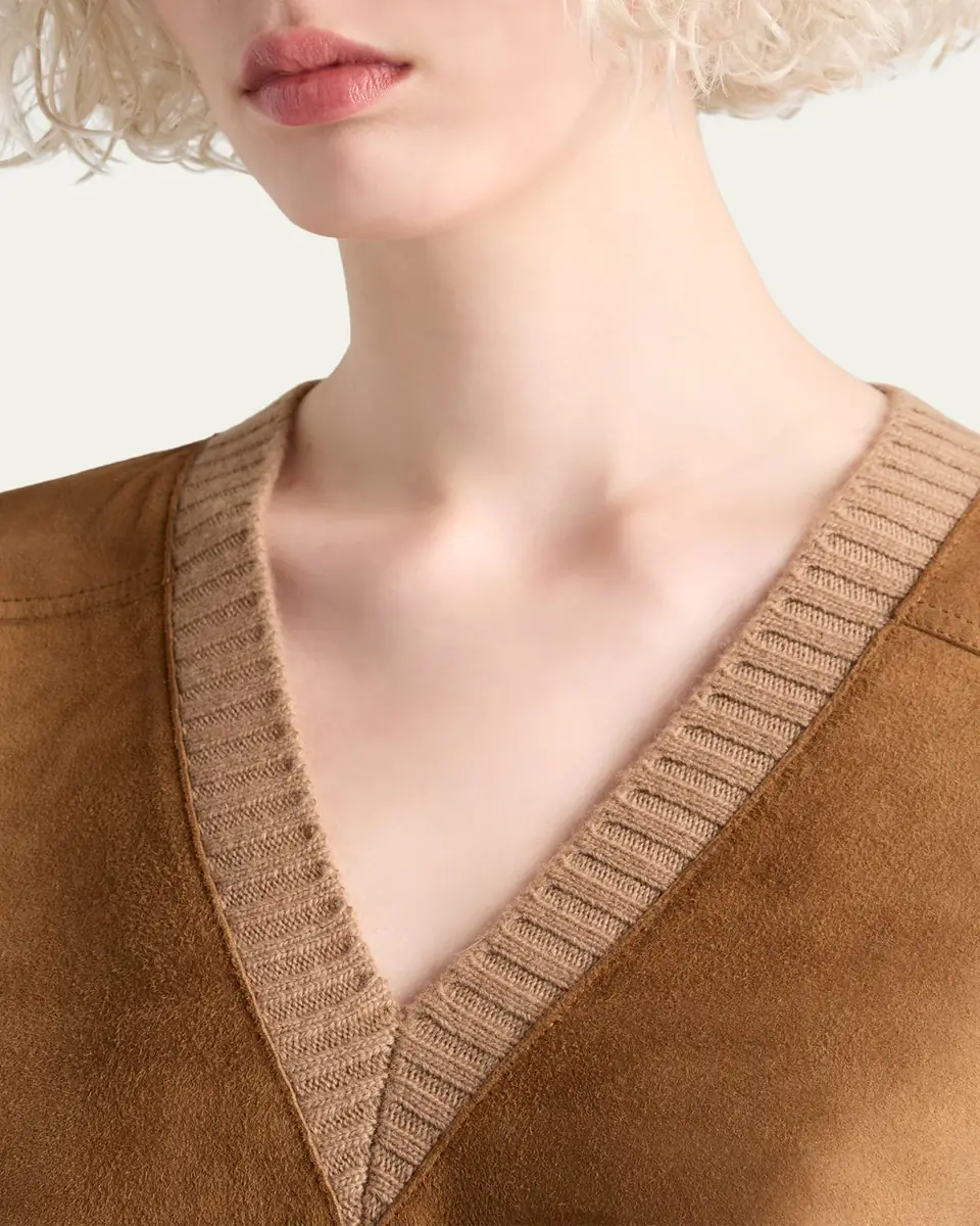 Prada Suede-Front V-Neck Cashmere Sweater | Thumbnail 4 Prada Suede-Front V-Neck Cashmere Sweater | Thumbnail 4