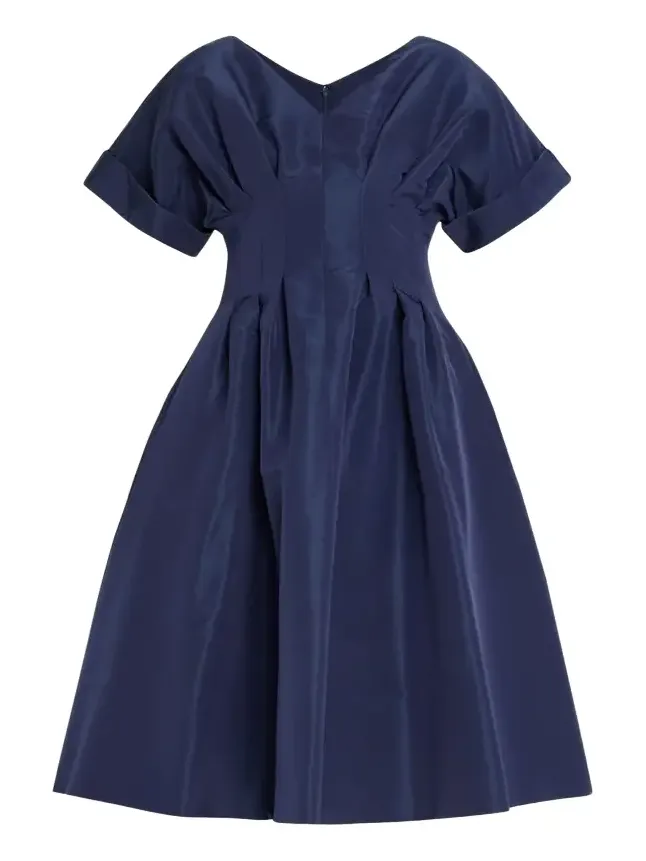 V-Neck Pleated Short-Sleeve Midi Dress