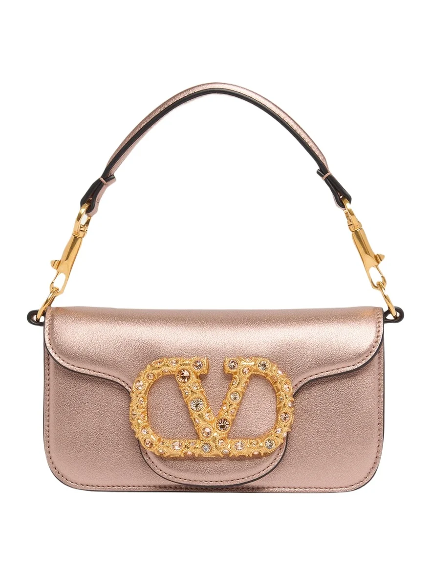 Small Crystal VLogo Metallic Leather Top-Handle Bag