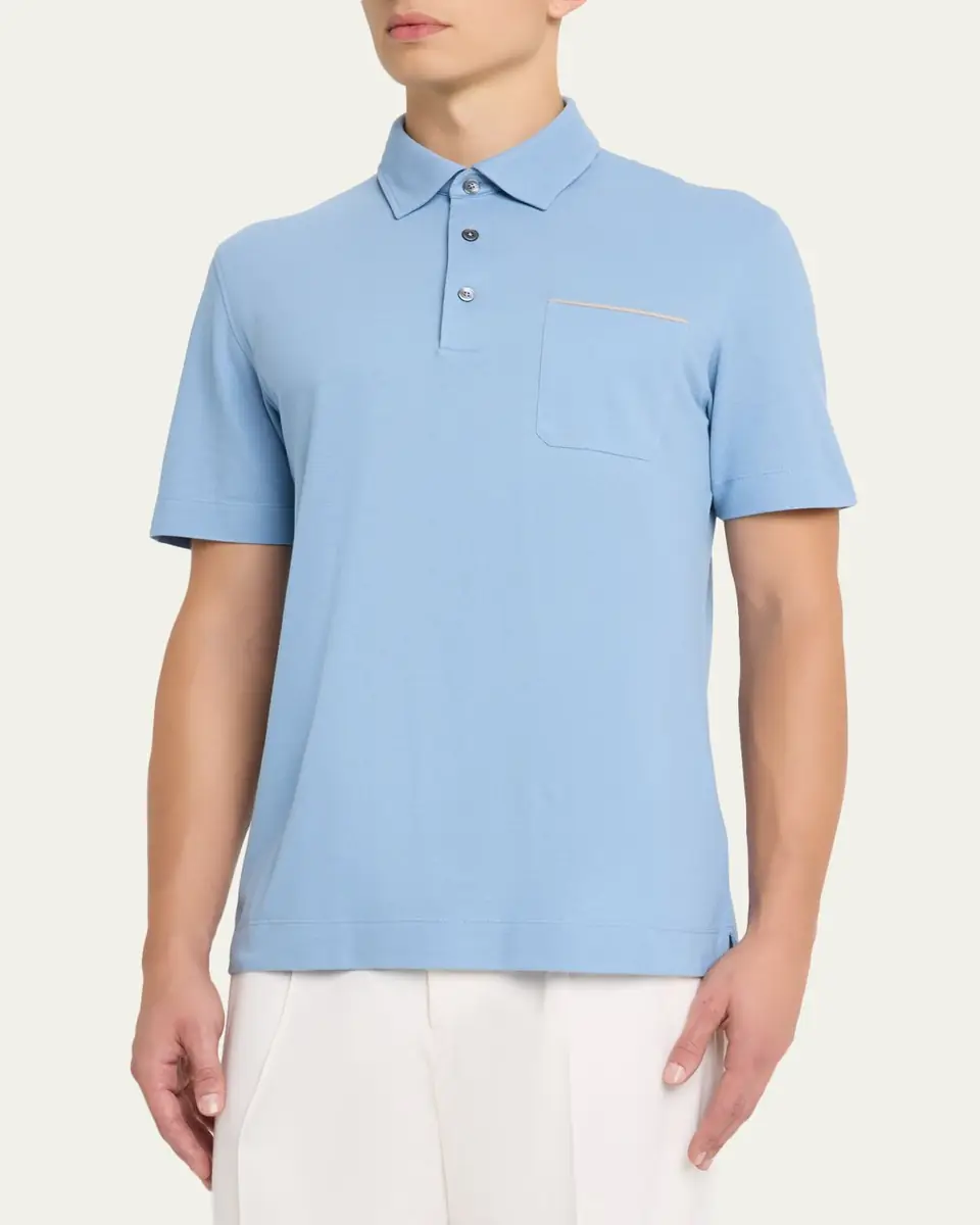 ZEGNA Men's Pique Polo Shirt with Leather-Trim Pocket | Thumbnail 8 ZEGNA Men's Pique Polo Shirt with Leather-Trim Pocket | Thumbnail 8