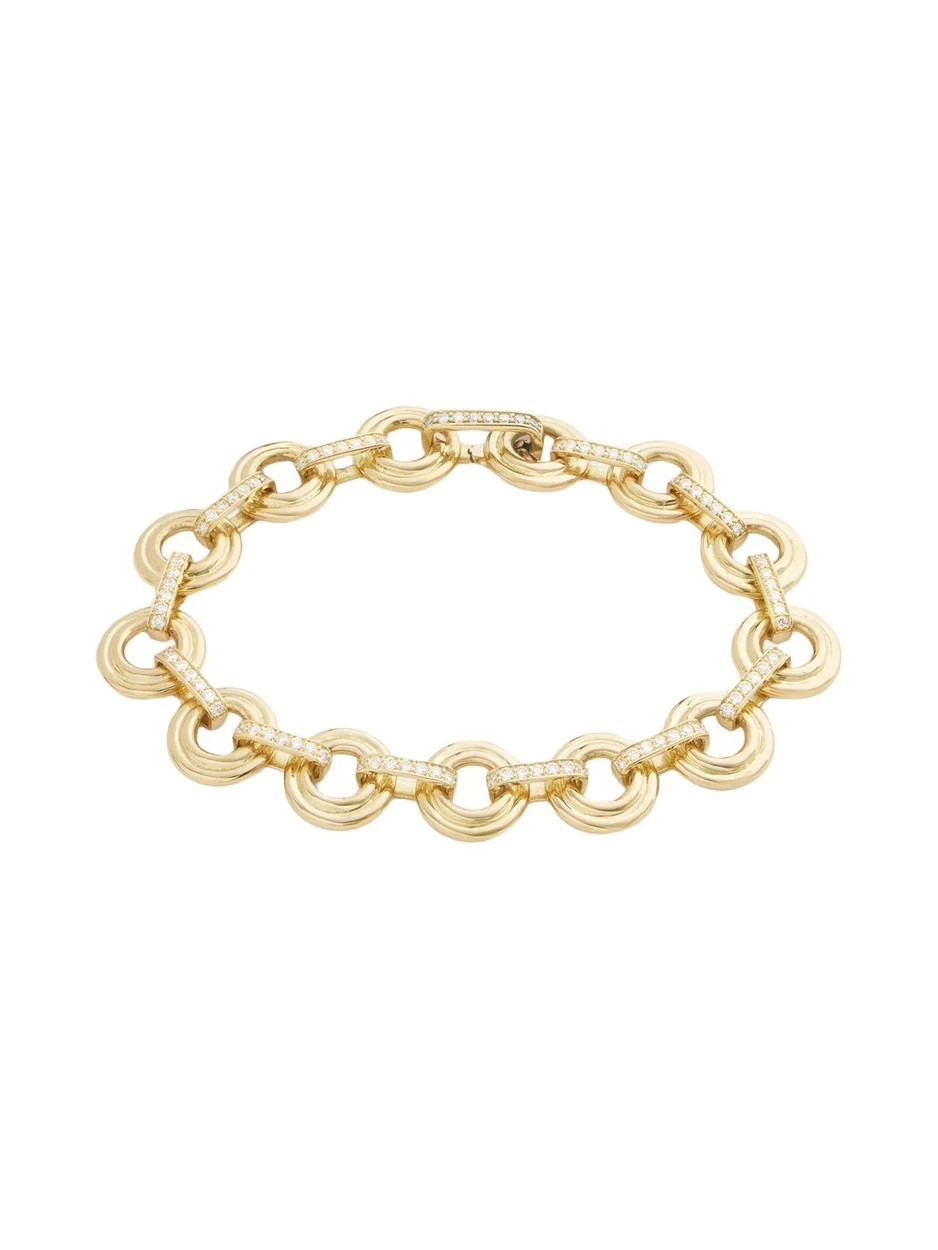18K Yellow Gold Double Round Link Bracelet with Diamonds 18K Yellow Gold Double Round Link Bracelet with Diamonds