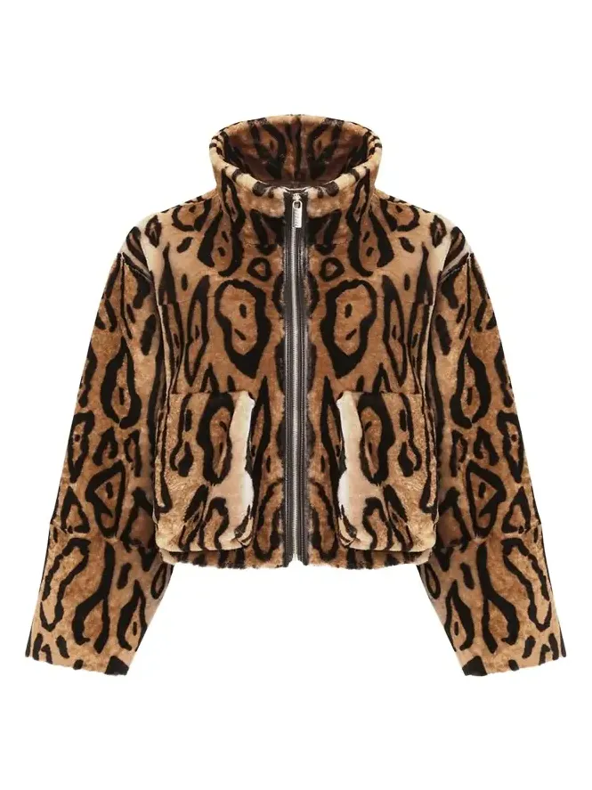 Gorski Ocelot-Print Shearling Lamb Zip Jacket