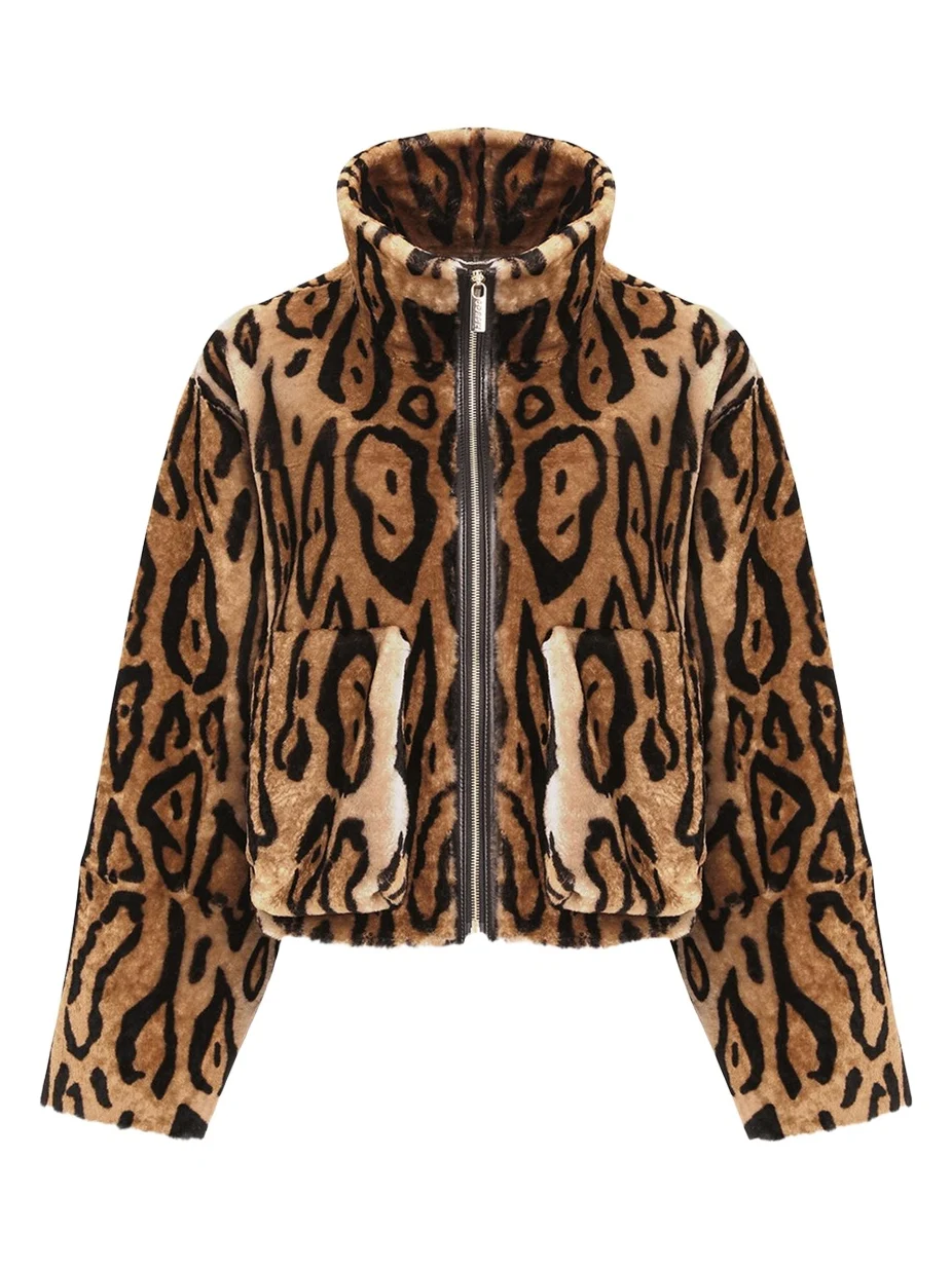Gorski Ocelot-Print Shearling Lamb Zip Jacket