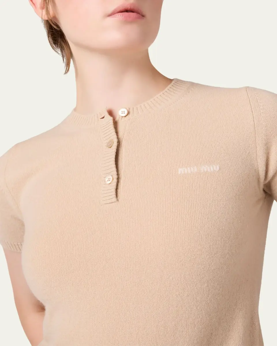 Miu Miu Short-Sleeve Cashmere Henley Sweater | Thumbnail 4 Miu Miu Short-Sleeve Cashmere Henley Sweater | Thumbnail 4