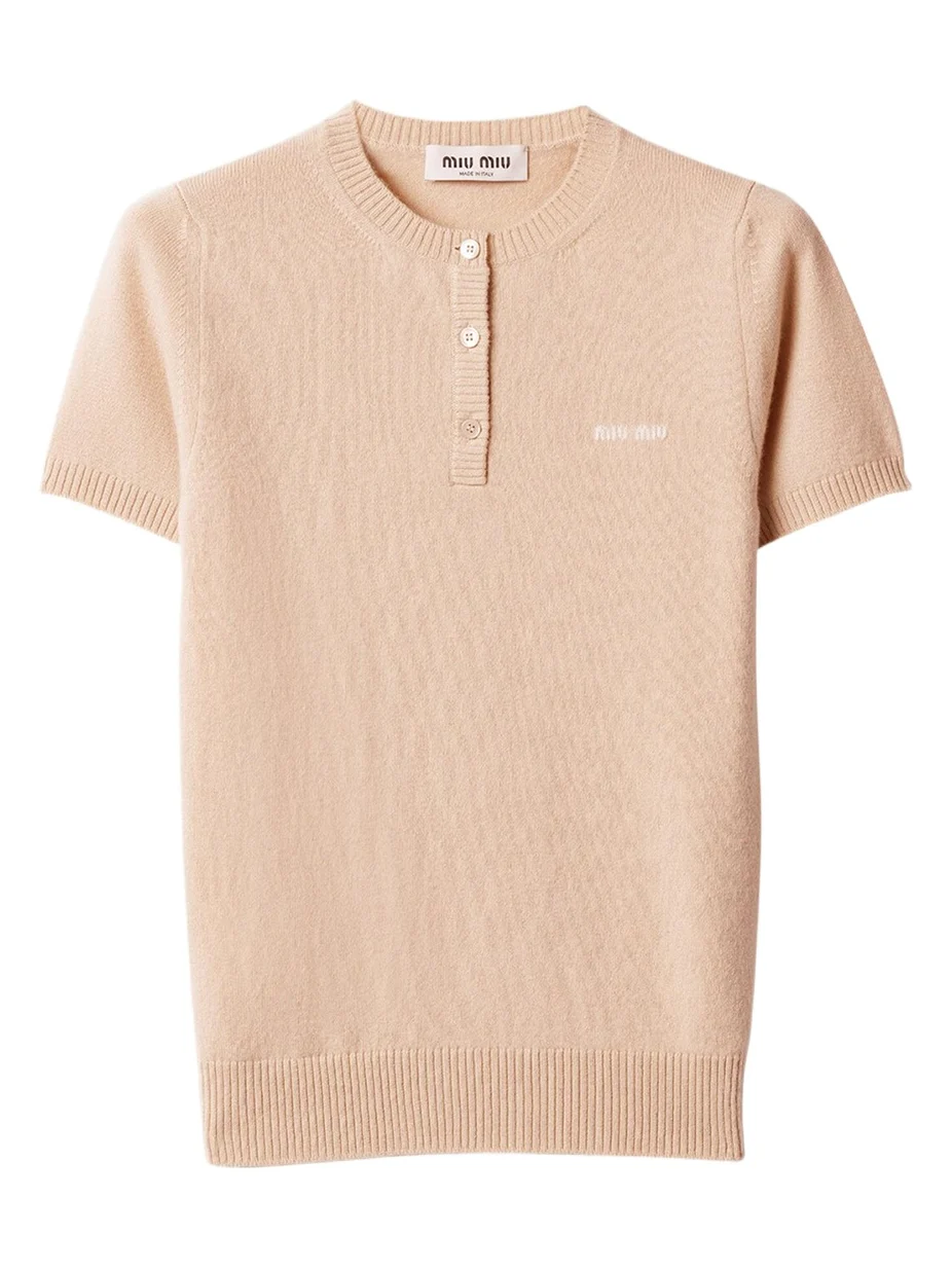 Miu Miu Short-Sleeve Cashmere Henley Sweater