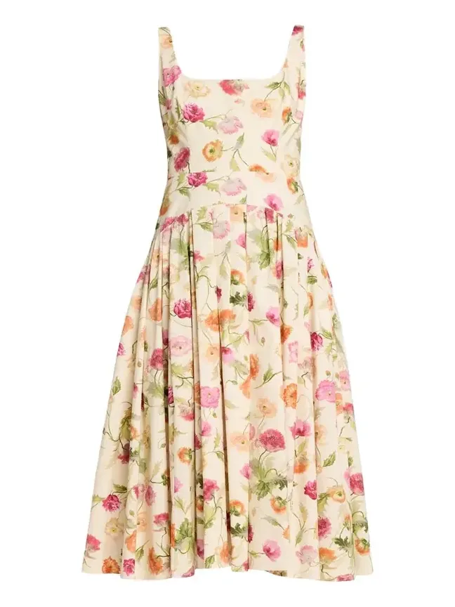 Floral Sleeveless Drop-Waist Pleated Midi Dress