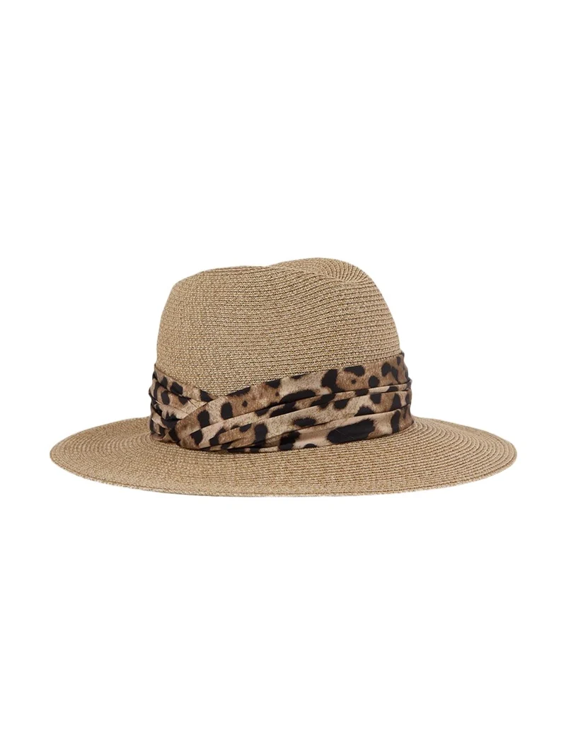 Courtney Animal-Print Sash Woven Packable Fedora