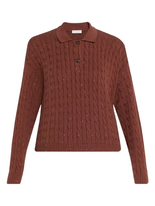Paillette Cable Knit Long-Sleeve Polo Sweater Paillette Cable Knit Long-Sleeve Polo Sweater