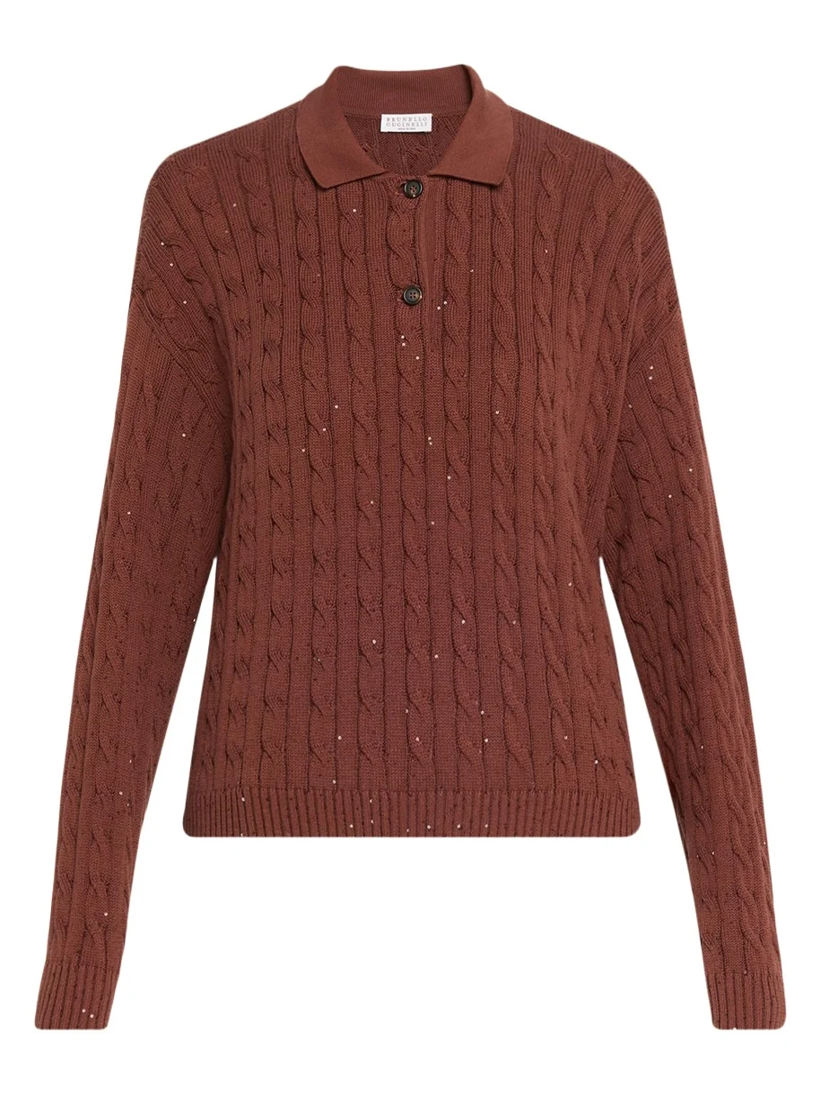 Paillette Cable Knit Long-Sleeve Polo Sweater