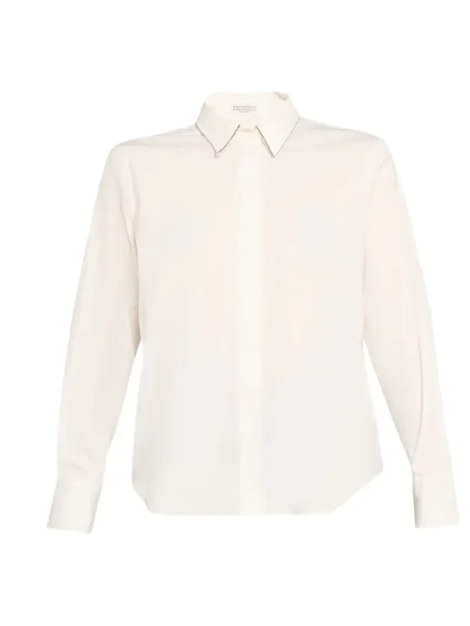 Monili-Trim Cotton Poplin Button-Down Shirt