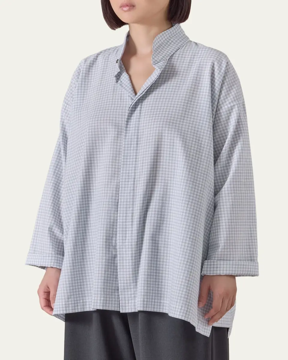 Eskandar Slim A-Line Shirt With Double Stand Collar And Stepped Insert (Long Length) | Thumbnail 4 Eskandar Slim A-Line Shirt With Double Stand Collar And Stepped Insert (Long Length) | Thumbnail 4