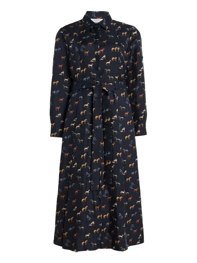 Galway Horse-Print Silk Belted Maxi Shirtdress Galway Horse-Print Silk Belted Maxi Shirtdress