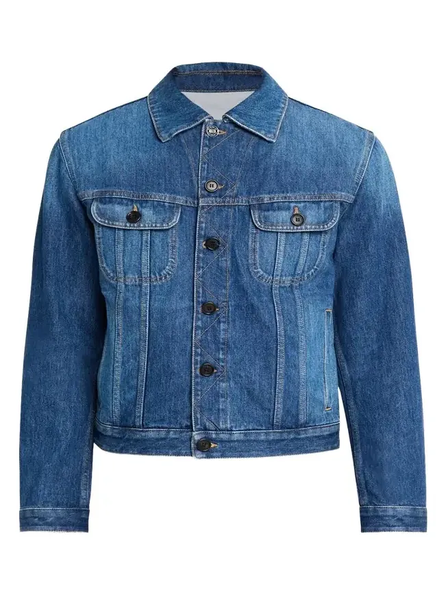 Men's Medium Blue Denim Jacket with Leather Label Men's Medium Blue Denim Jacket with Leather Label