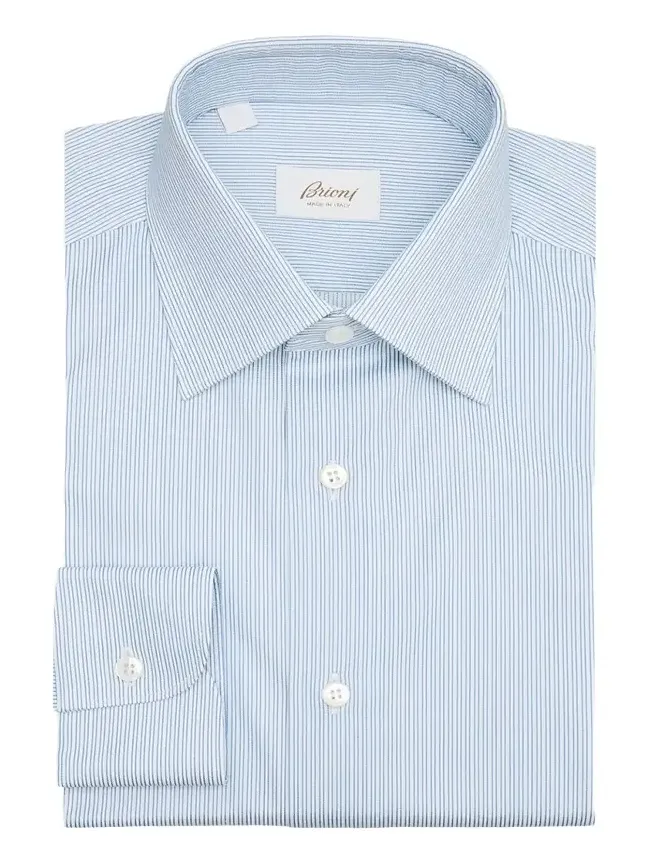 Brioni Men's Cotton Hairline Stripe Point Collar Dress Shirt